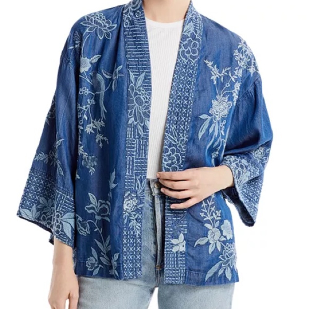 Johnny Was Jacqueline Cropped Kimono Denim Blue Jacket